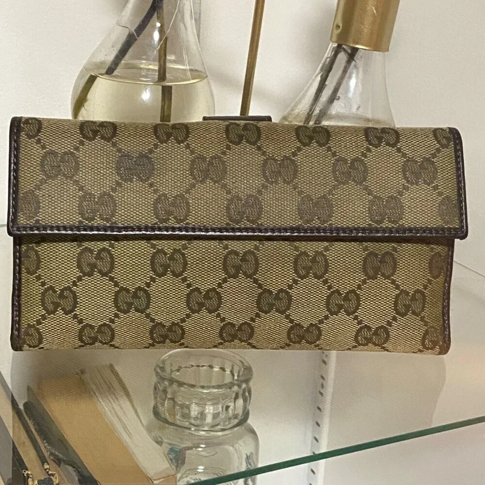 Gucci GG Coated Canvas Leather Continental Bifold Wallet in Tan Brown with Chain - Picture 5 of 10
